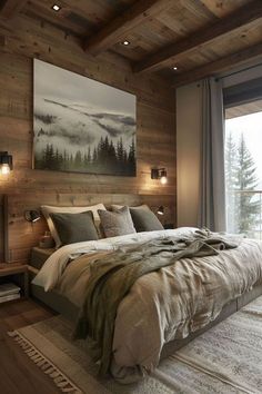 a bedroom with wood paneled walls and a large painting on the wall above the bed