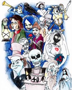 a drawing of people dressed up in halloween costumes, with one person on top of the cake