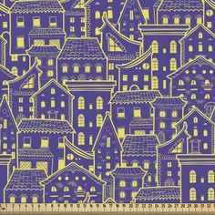 a blue and yellow background with houses