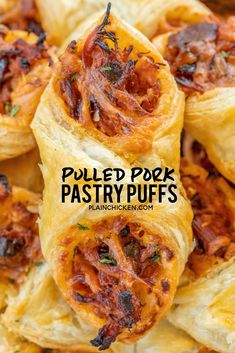 puffed pork pastry rolls are piled on top of each other with the words pulled pork pastry