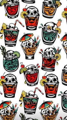 a bunch of cups with skulls on them and drinks in the same cup, all different colors