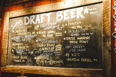 the menu for draft beer is written on a blackboard in front of a wooden wall