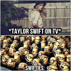 two pictures with the same caption and one has an image of a woman surrounded by minion's