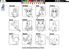 coloring pages for kids with pictures of animals and their names in black and white, including the