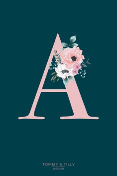 the letter with flowers on it is shown in pink and blue colors, against a dark background