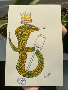 "Hand-drawn original artwork made in Amsterdam, the Netherlands. Black ink and color felt tip pen on paper. Made in 2013.  Size: 22.8 x 15.5 centimeters. Title: \"King of Wine\". A drawing of a crowned cobra snake wrapped around a fancy glass: Ophiophagus hannah, the king of wine.  Because this is an original, there is only 1 available." 2024 Illustration, King Cobra Snake, 2024 Board, Cobra Snake, Pen On Paper, King Cobra, Board Art, Felt Tip, Ink Drawing Illustration