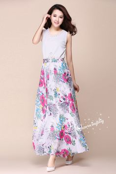 Rosy Flower Chiffon Skirt Long Maxi Sundress Beachdress Holiday Dress Women Summer Pleat Dress Beach Skirt Plus Size Dresses Detail Info: ❤ Color: as picture, rosy flower. More color choice link: https://www.etsy.com/listing/213656440/chiffon-dress-color-card?ref=shop_home_feat_1 you just note the color you want with order, we will make according to your note. ❤ Material: Chiffon Waist 60-100cm, Please choose the length according to your height! Please note your waist size with your order, thank A-line Chiffon Dress For Vacation, Pink Bohemian Chiffon Dress For Summer, Bohemian Pink Chiffon Dress For Summer, Casual Pink Chiffon Dress For The Beach, Spring Bohemian Sleeveless Chiffon Dress, Casual Pink Chiffon Beach Dress, Summer Printed Chiffon Maxi Dress, Pink Chiffon Summer Dress For Vacation, Spring Floral Chiffon Dress For The Beach