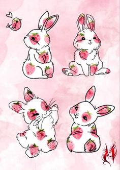 some pink and white rabbits with strawberries on them's backs, sitting down