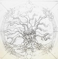 a drawing of a tree with many branches in the shape of a face and eyes