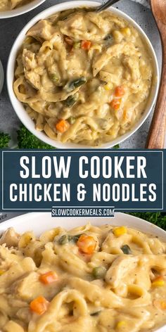 slow cooker chicken noodle soup in two bowls