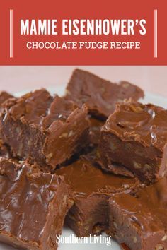 some chocolate fudge brownies on a plate with the words, mamie esenhower's chocolate fudge recipe