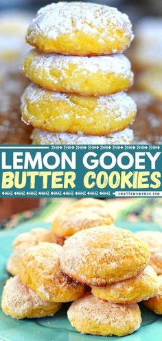 lemon gooey butter cookies stacked on top of each other with the title overlay