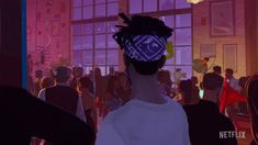 an animated image of a woman with her hair in the middle of a crowded room