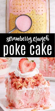 strawberry crunch poke cake on a plate with strawberries