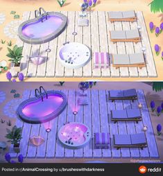 two different views of an outdoor hot tub and deck area with lounge chairs around it