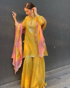 Buy Indian Pakistani Yellow Haldi Gharara Palazo Gota Work Kurta Online in India - Etsy Haldi Gharara, Yellow Dress For Haldi Function, Dress For Haldi Function, Wedding Gharara, Haldi Dresses, Haldi Dress Ideas, Yellow Sharara, Mayon Dresses, Haldi Ceremony Outfit