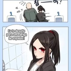 an anime comics page with two people in the bathroom and one is looking at something