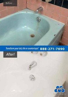 before and after pictures of a bathtub being cleaned