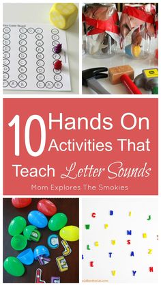 ten hands on activities that teach letters and numbers to children with the title, 10 hand on activities that teach letters and sounds