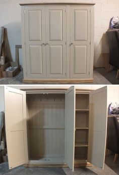 two pictures of the same cabinet with doors open