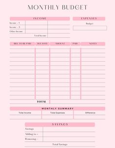 a pink printable budget sheet with the words, month to date and savings on it