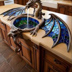 Dragon Kitchen Islands A Fusion of Fantasy and Functionality Unusual Sinks, Tudor Decor, Skull Furniture, Fantasy Kitchen, Adobe Houses, Home Plan Ideas, Unusual Houses, Concept Furniture, Mosaic Bathroom Tile