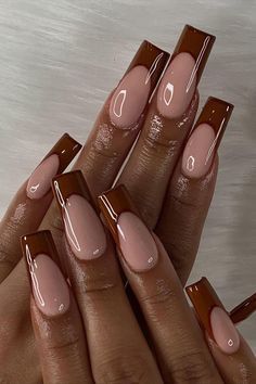 Burgundy Nails Coffin, Brown Nail, French Tip Nail Designs, Easy Nails, Beige Nails, French Tip Acrylic Nails, Fall Acrylic Nails, Long Acrylic