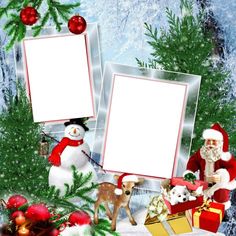 two frames with santa claus and snowmen in the background