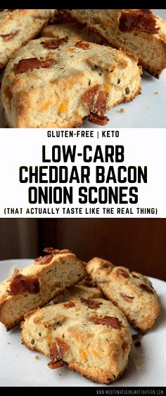 cheddar bacon onion scones on a white plate with text overlay that reads gluten - free keto low carb cheddar bacon onion bacon onion