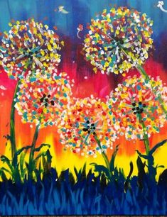 an acrylic painting of dandelions in the grass