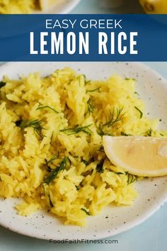 lemon rice on a white plate with a slice of lemon in the background and text overlay