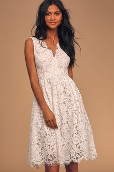 Let the Lulus Love Swept White Lace Midi Skater Dress With Pockets sweep you off your feet! White floral lace tops a nude knit liner to shape this perfectly romantic dress with a eyelash lace trimmed V-neckline, V-back and a darted bodice atop a fitted waist. A layer of mesh adds stunning volume to the midi-length skater skirt with hidden, side-seam pockets and an eyelash lace hem. Hidden back zipper/clasp. White Lace Midi Dress, Midi Skater Dress, Lulus Dresses, Floral Lace Tops, Casual Wedding Dress, Midi Ruffle Dress, Romantic Dress, Lace Midi, Lulu Dresses