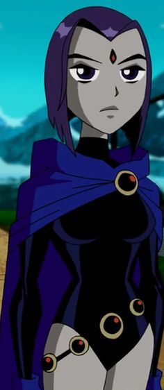 an animated image of a woman with purple hair and black clothes, standing in front of mountains