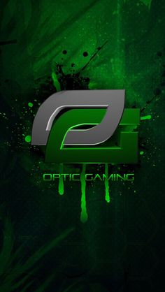 the logo for optic gaming is shown in green and black colors on a dark background