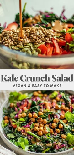 kale and crunch salad in a bowl with text overlay