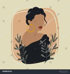 an illustration of a woman in black dress with large hoop earrings and green leaves around her neck