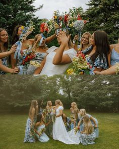 a collage of photos with bridesmaids and flower bouquets in the foreground