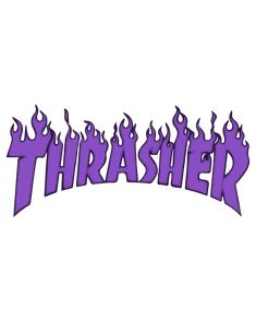 the word thrash is surrounded by flames in purple and black colors on a white background