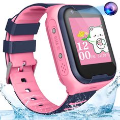 the children's smart watch is pink and has blue straps on it, while water splashes around