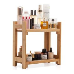 a wooden shelf filled with lots of beauty products