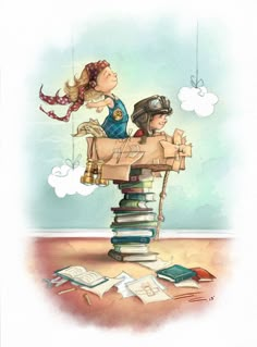 a drawing of two children sitting on top of a stack of books with an octopus hanging from the ceiling