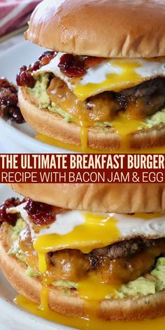 burger topped with fried egg and bacon jam on plate Pork Sausage Burgers, Breakfast Hamburger Recipes, Breakfast Burgers Ideas, Breakfast Burger Ideas, Brunch Burger Recipe, Brunch Burgers, Pork Sausage Patties, Breakfast Hamburger