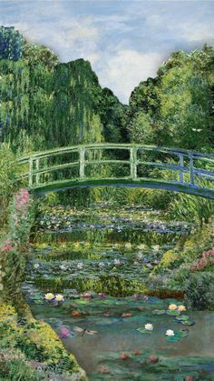 a painting of a bridge over a pond with water lilies and other flowers in it