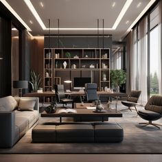 a living room filled with lots of furniture and bookshelves next to large windows