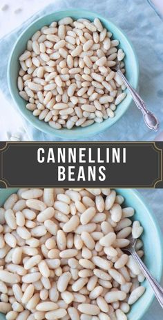 two bowls filled with white beans and the words cannelli beans in black lettering