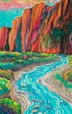 a painting of a river running through a valley