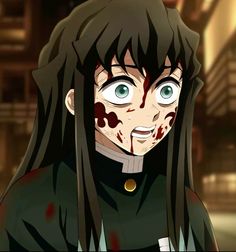 an anime character with long black hair and blood on his face is staring at the camera