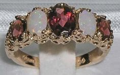 Natural Pink Tourmaline & Opal English 9K Yellow Gold Eternity Anniversary Ring  - Made in England - Trilogy Ring, Carved Ring, Precious Opal, Pink Tourmaline Ring, Yellow Gold Setting, Rhodolite Garnet, October Birthstone, Unique Engagement, Anniversary Ring