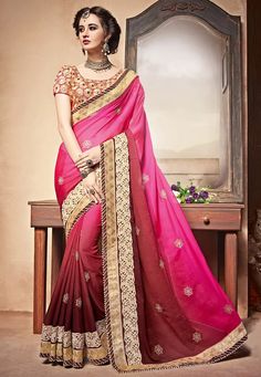 Wedding Half Sarees, Beige Embroidery, Rani Pink, Half Sarees, Wedding Sari, Latest Indian Saree