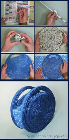 instructions to make a basket out of twine and duct tape, with pictures showing how to use it